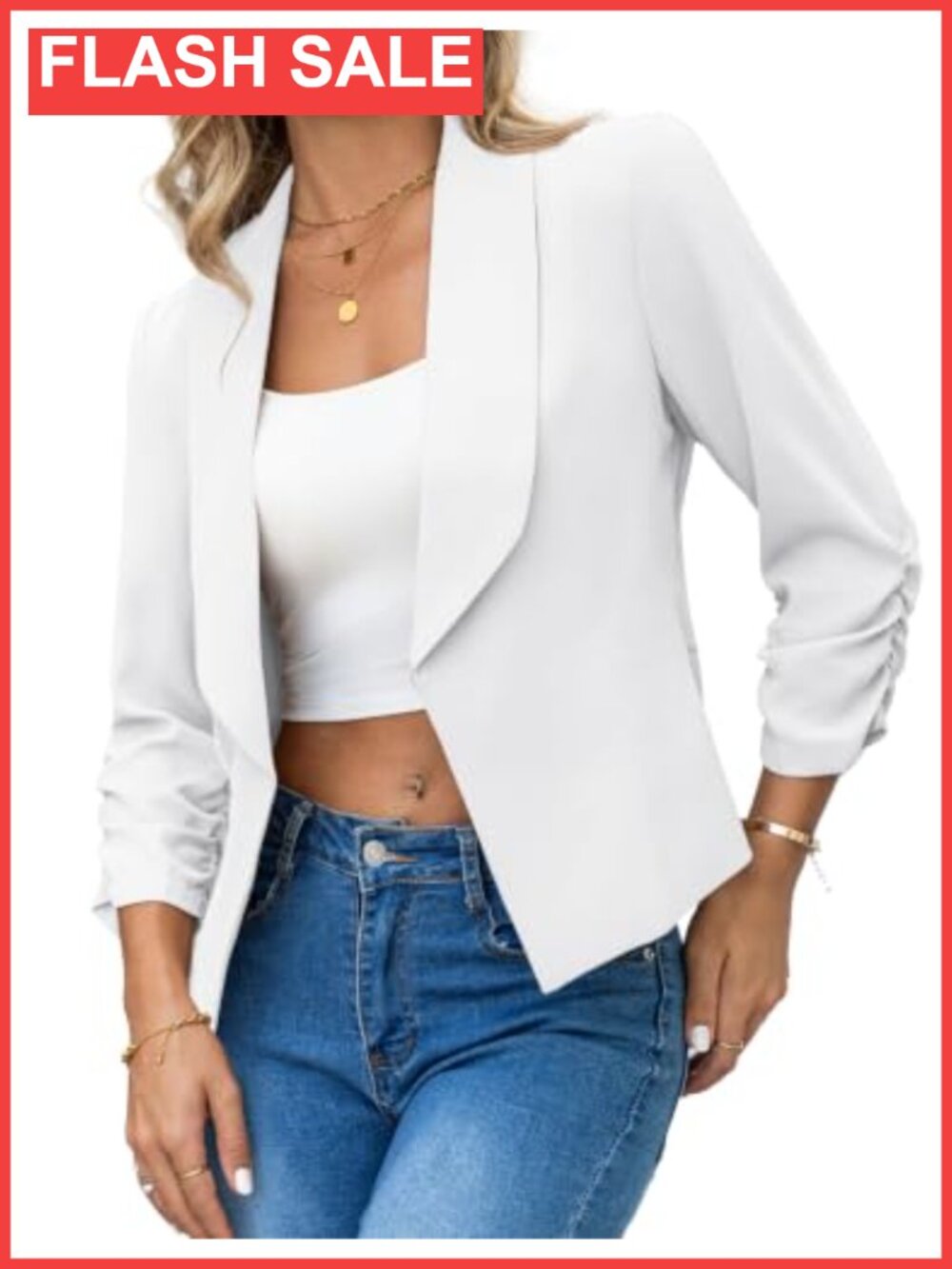Women's Open Front Cropped Blazer 3/4 Ruched Sleeve Business Casual